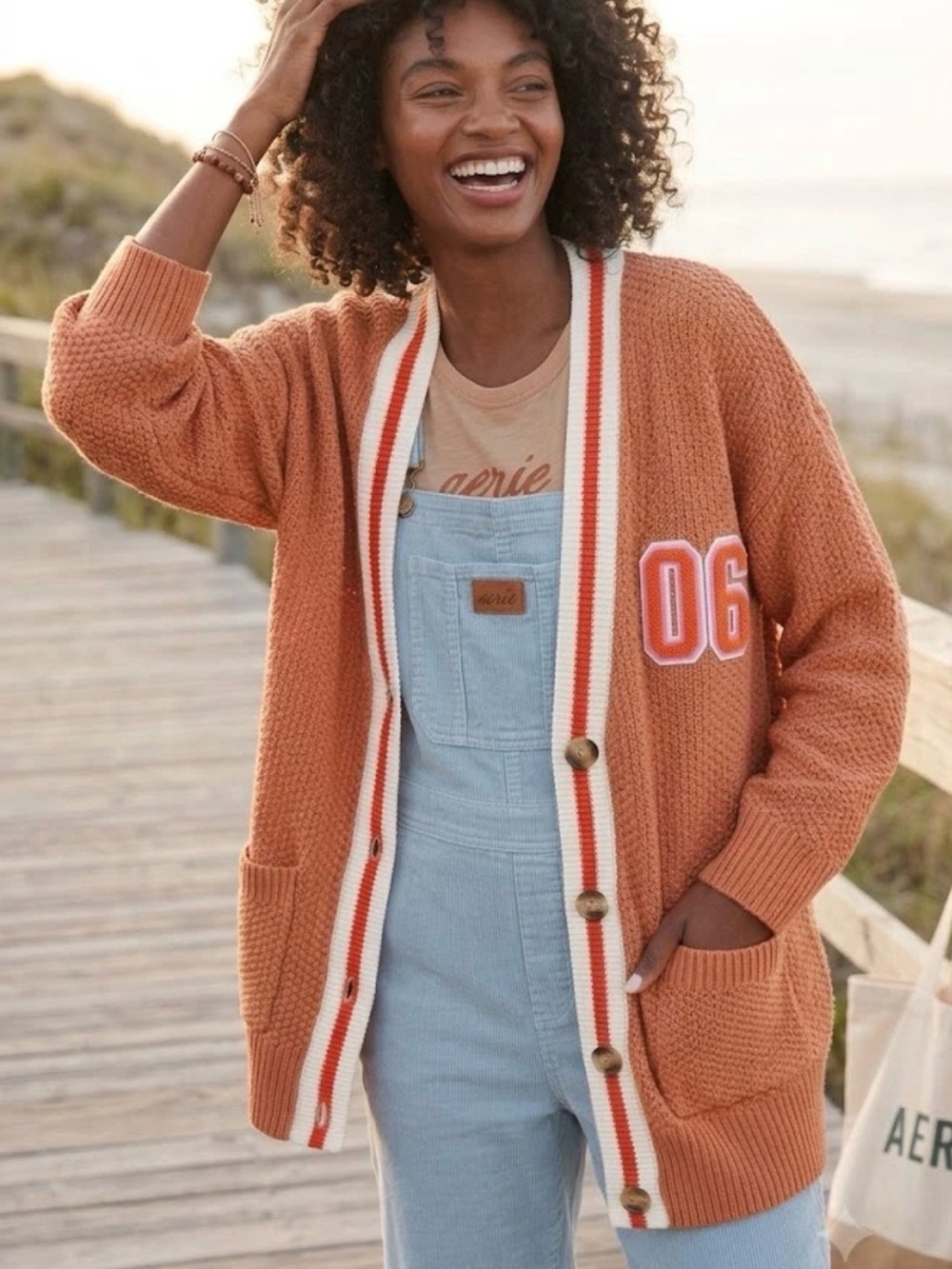 Aerie L Oversized Varsity Cardigan Brown Orange 06 Patch Button Front NWT